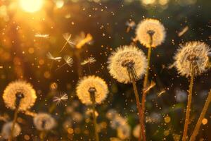 Dandelion seeds floating in the golden sunlight photo