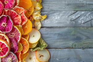 Colorful dried fruits including apples and citrus arranged on a rustic wooden background photo