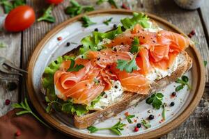 Open sandwich with salmon, cream cheese and fresh herbs on rustic bread photo