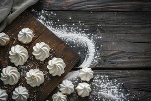 Wooden board with meringue cookies, powdered sugar, and cloth on a rustic table, top view photo