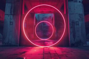 Neon pink circles in an industrial setting, creating a striking contrast of colors and textures photo