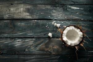 Half coconut on rustic wooden background, minimal and natural photo