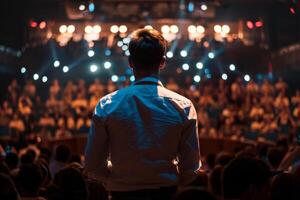 A man standing on a stage with a microphone, facing a large audience under bright lights photo