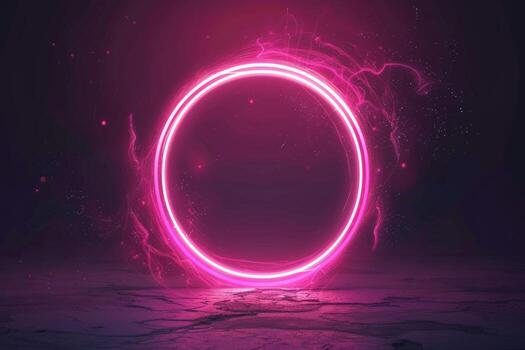 Glowing pink neon circle with electric sparks on a dark background, creating a futuristic vibe photo