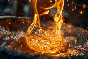 Molten glass with flames and sparks during the glassblowing process photo