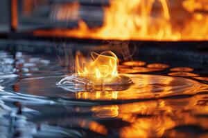 Glass melting with flames and molten glass on a reflective surface photo