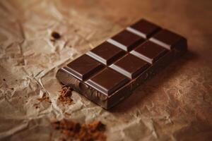 Dark chocolate bar on crumpled parchment paper photo