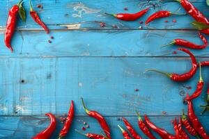 Vibrant red chili peppers and peppercorns scattered on a rustic, cracked blue wooden background photo
