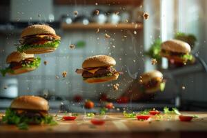 Floating burgers with fresh ingredients in a kitchen photo