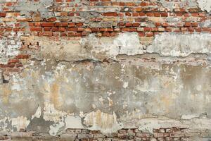 Weathered brick wall with peeling plaster, showing varied textures and layers of decay photo
