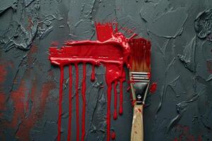 Paintbrush with red paint on textured dark surface photo
