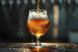 Beer being poured into a glass with splashes and bubbles photo