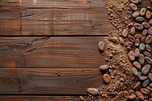Cocoa beans and cocoa powder on a wooden surface photo