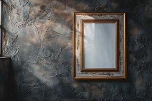 Rustic empty picture frame on a textured dark wall photo