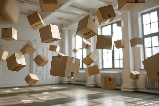 Floating cardboard boxes in a bright room photo