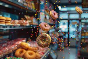 Colorful donuts with sprinkles floating in a bakery shop photo