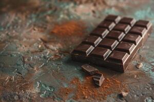 Dark chocolate bar on a textured blue and brown surface photo