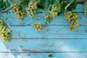 Green grapes on a blue rustic wooden background photo