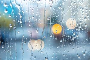 Raindrops on a window with blurred city lights in the background, creating a bokeh effect photo