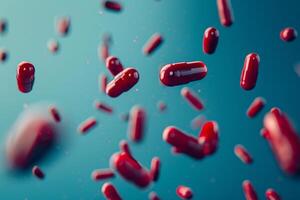 Falling red drug capsules on a blue background, creating a dynamic and vibrant medical scene photo