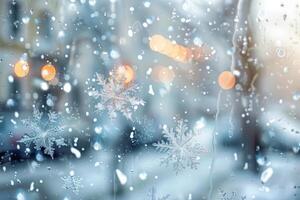 Frozen snowflakes on a window with a blurred street in the background photo