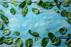 Spinach leaves scattered on a blue wooden background, showcasing freshness and vibrant green color photo