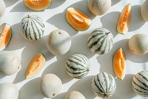 Melons and melon slices on a white background with shadows photo