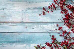 Cranberry berries on a wooden table, top view photo