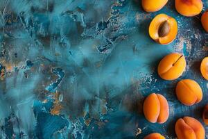 Apricots on a textured blue surface, top view photo