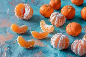 Whole and peeled tangerines on a table, top view photo