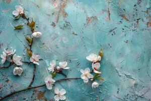 Cherry tree blossoms on rustic blue background photo