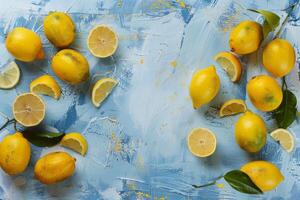 Whole and sliced lemons with empty space in the center, top view photo