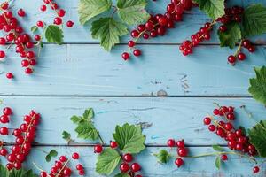 Beautifully arranged red currant branches and berries on a table, top view photo