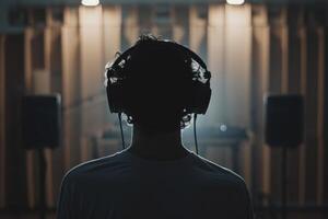 Man wearing headphones, listening to music in a dimly lit room photo