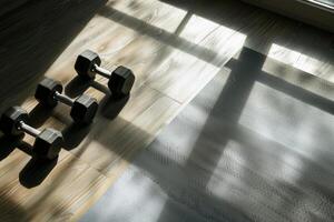 Dumbbells lie on the floor next to a yoga mat photo