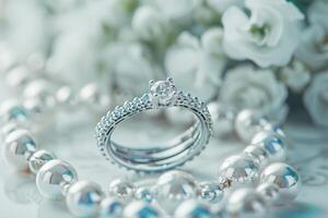 Elegant diamond ring with pearls and white flowers in the background photo