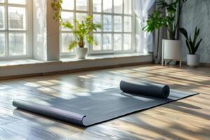 A sports mat lies on the floor, side view photo