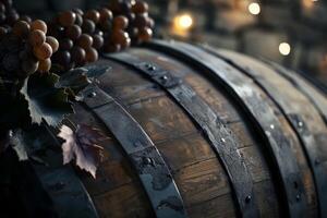 Close-up of grapes on an oak barrel in a dimly lit winery photo