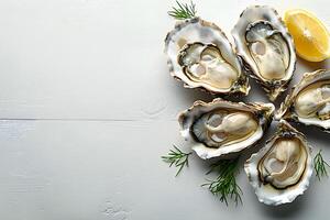 Fresh Oysters on Half Shell with Lemon Wedge and Dill Garnish - Gourmet Seafood for Fine Dining Menus photo