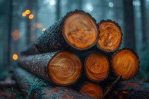 Misty Forest Logging Scene with Fresh Cut Timber Piled in Foggy Woods for Nature and Industry Themes photo