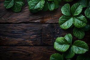 Fresh Green Clover Leaves on Rustic Wooden Background for St. Patrick's Day Design photo