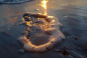 Sunset Reflection on Ocean Waves Footprint on Beach - Nature and Relaxation for Coastal Tourism and Travel Design photo
