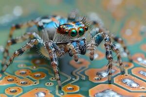 Macro Shot of a Colorful Jumping Spider on a Circuit Board - Technology and Nature photo