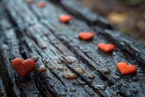 Romantic Rainy Day Red Heart-Shaped Stones on Wet Wooden Plank for Design Elements photo