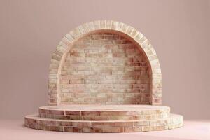 3d empty podium with brick wall and arch for product display. photo