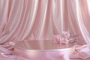 3d pink satin background with podium and flowers for product display. photo