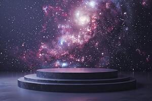 3d podium on the background of the night galaxy sky. photo