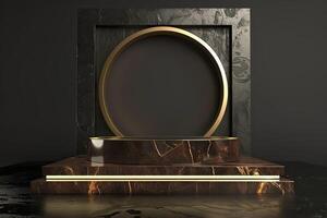 3d black marble product display podium with golden frame. photo