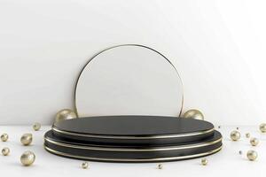 3d black podium with gold balls and round frame on white background. photo