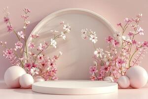 3d round podium and cherry blossom flowers on pink background. photo